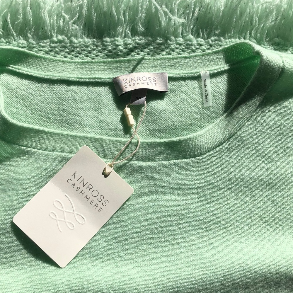 Kinross Cashmere Pointelle Fringe Trim Sweater NWT